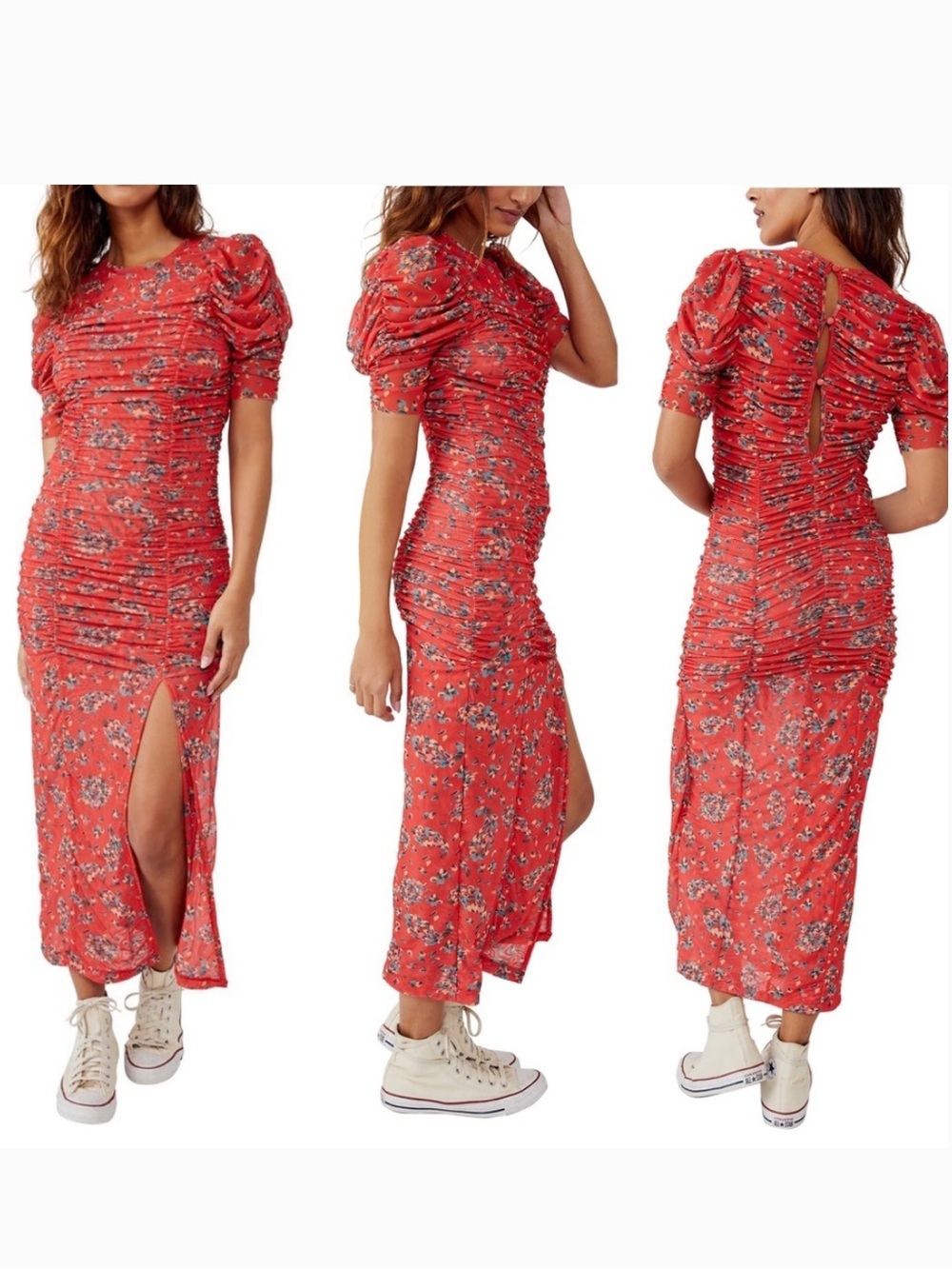Free People Red Floral Briella midi bloom Ruched puff sleeve fitted Dress